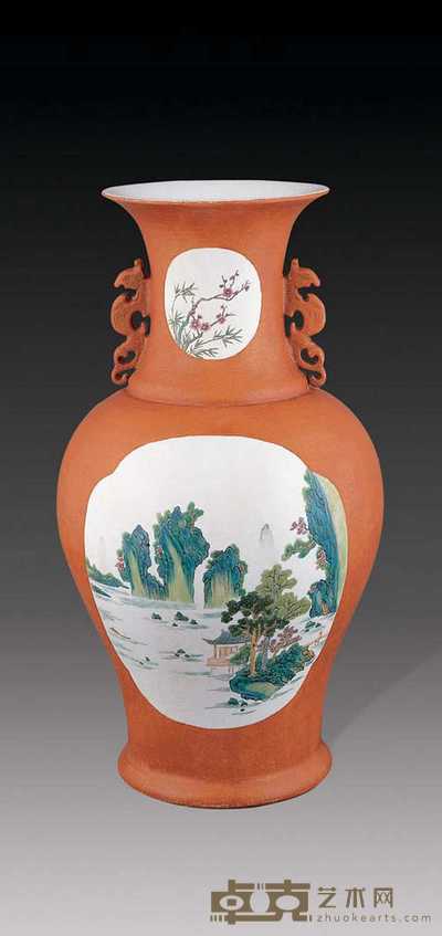 民国 珊瑚地开光粉彩山水瓶 高47cm